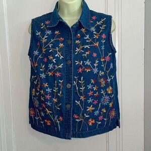 Vtg‎ 80s/90s Life Style blue denim cotton sleeveless floral embroidered shirt
